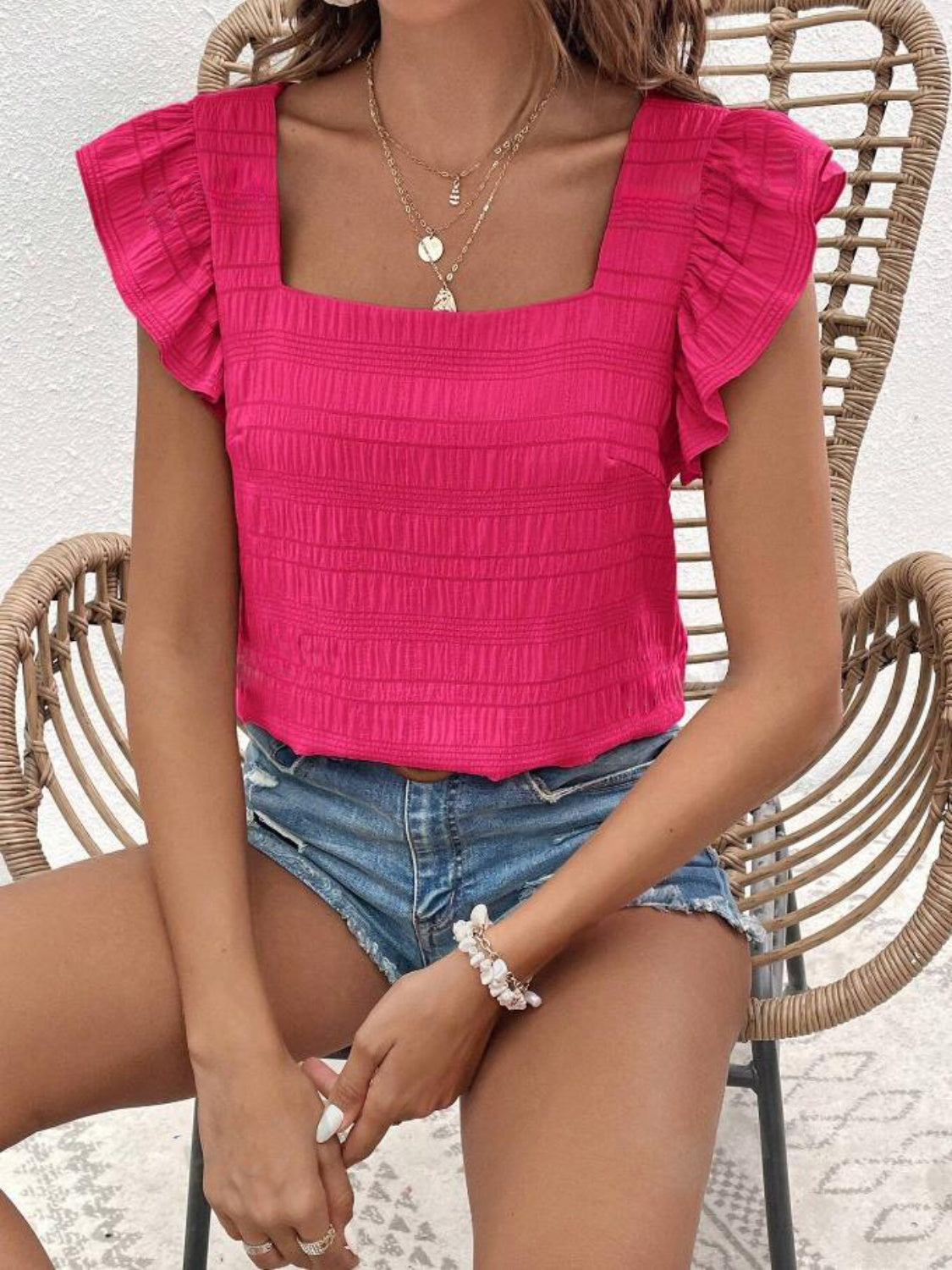 Honeybee Mumford's Ruffled Square Neck Cap Sleeve Blouse