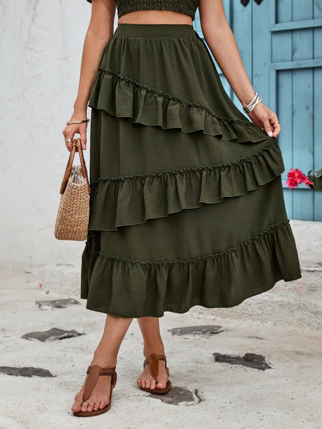 Honeybee Mumford's Ruffled Elastic Waist Midi Skirt