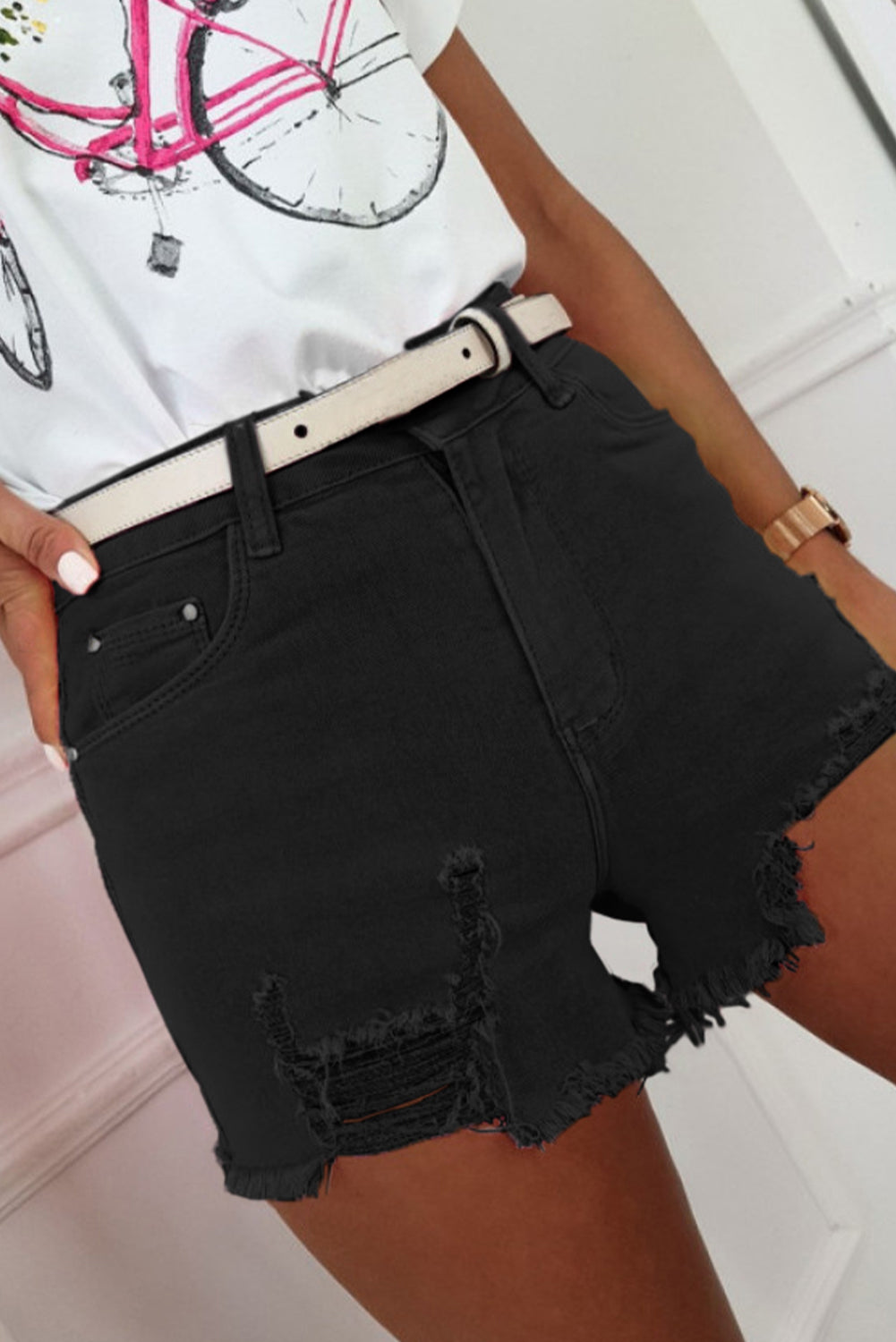 Honeybee Mumford's Black Solid Color Distressed Denim Shorts