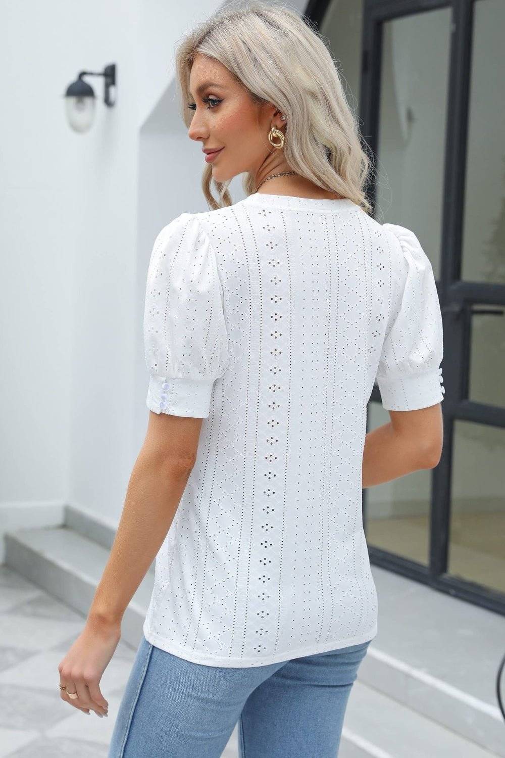 Honeybee Mumford's Openwork Round Neck Short Sleeve Blouse