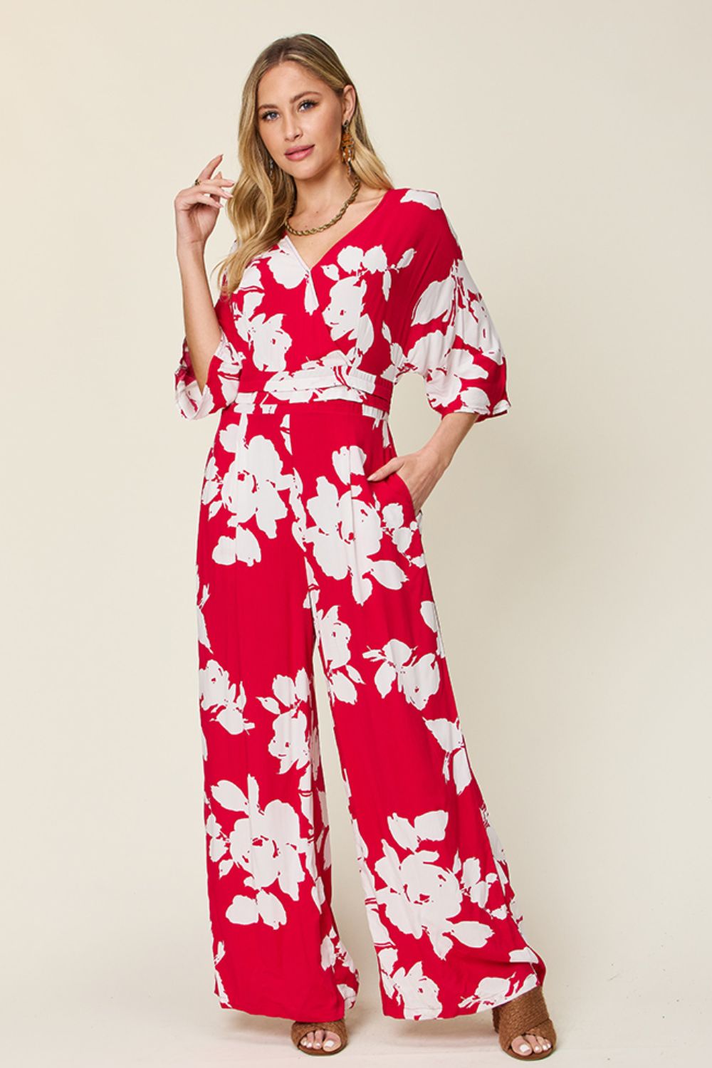 Honeybee Mumford's Full Size Printed Tie Back Wide Leg Jumpsuit