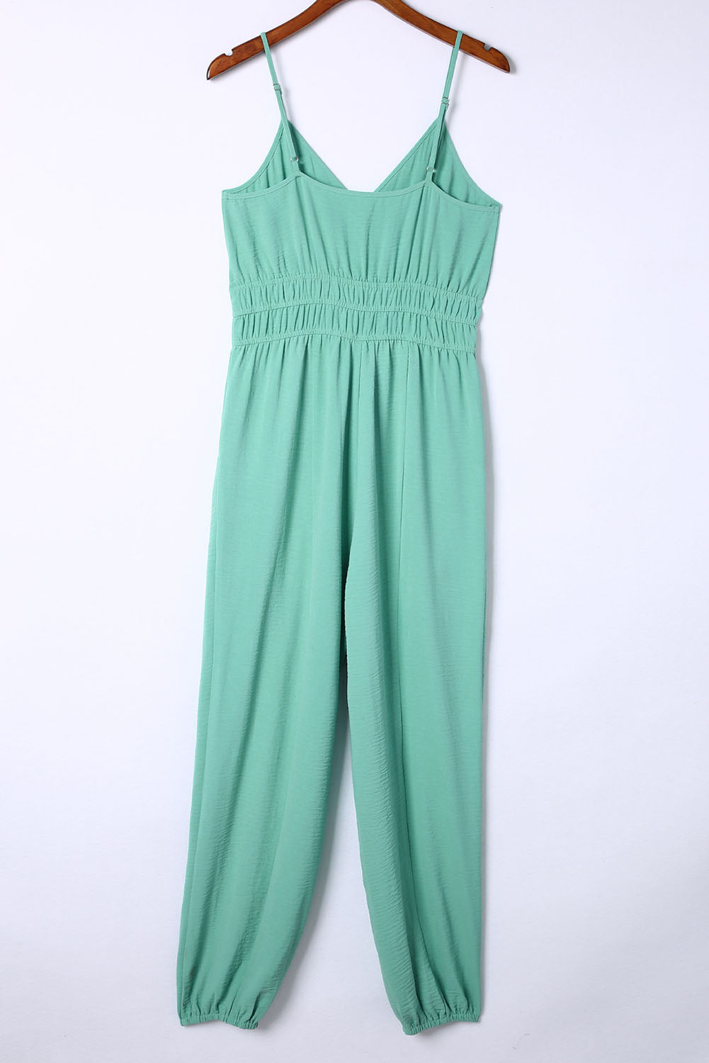 Honeybee Mumford's Green Shirred High Waist Sleeveless V Neck Jumpsuit