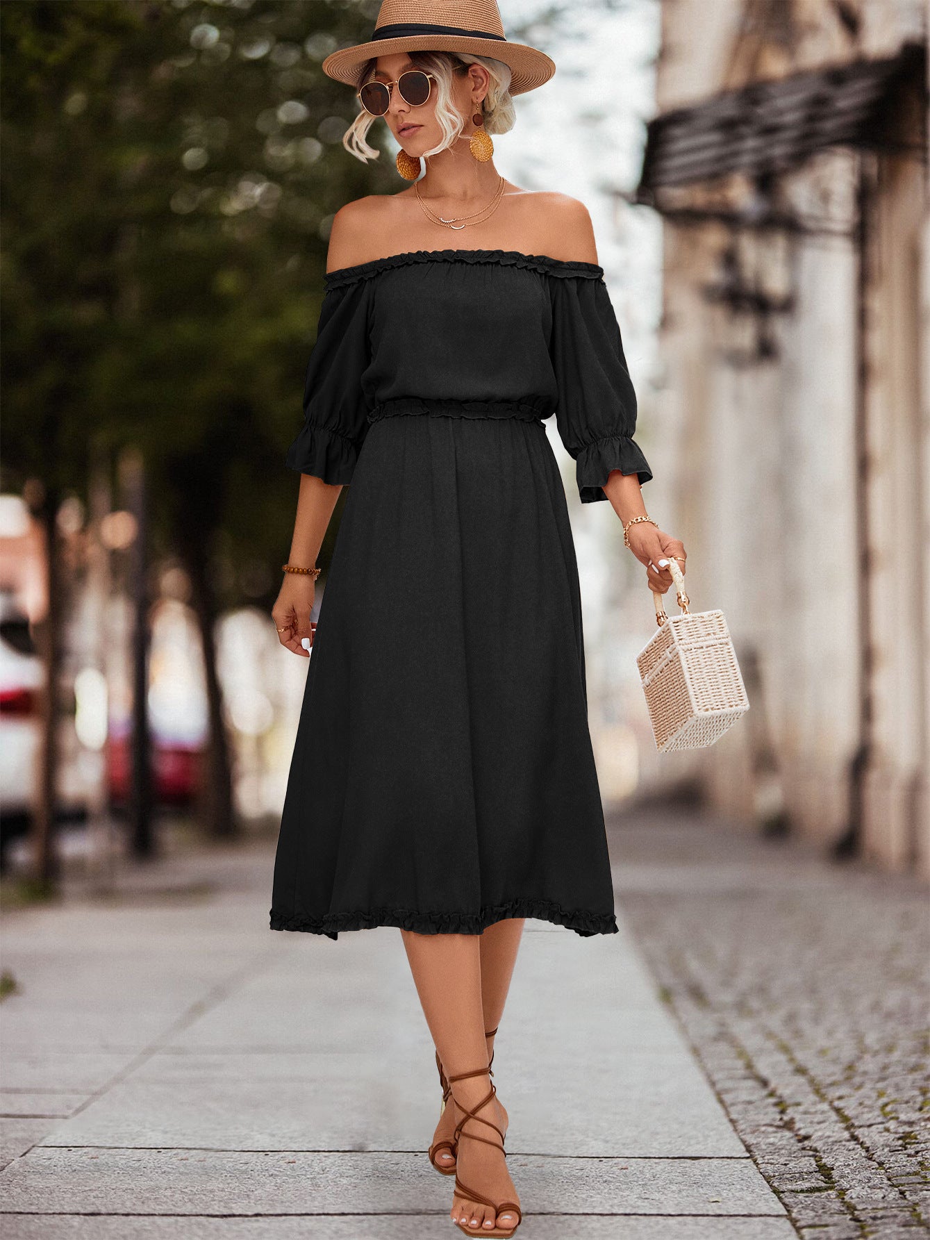 Honeybee Mumford's Frilled Off-Shoulder Flounce Sleeve Dress