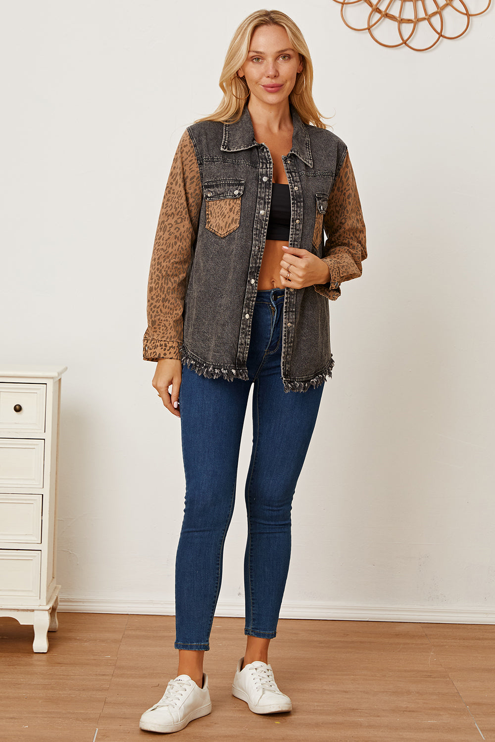 Honeybee Mumford's Leopard Raw Hem Pocketed Denim Jacket