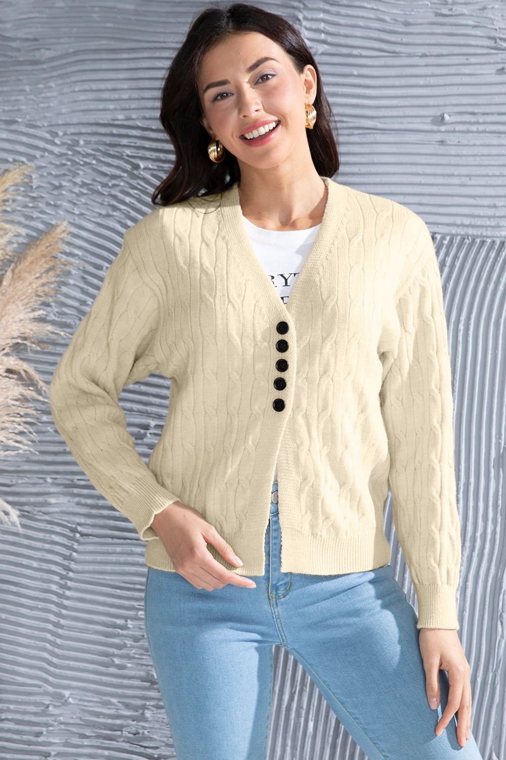 Honeybee Mumford's Cable-Knit Button Up Dropped Shoulder Cardigan