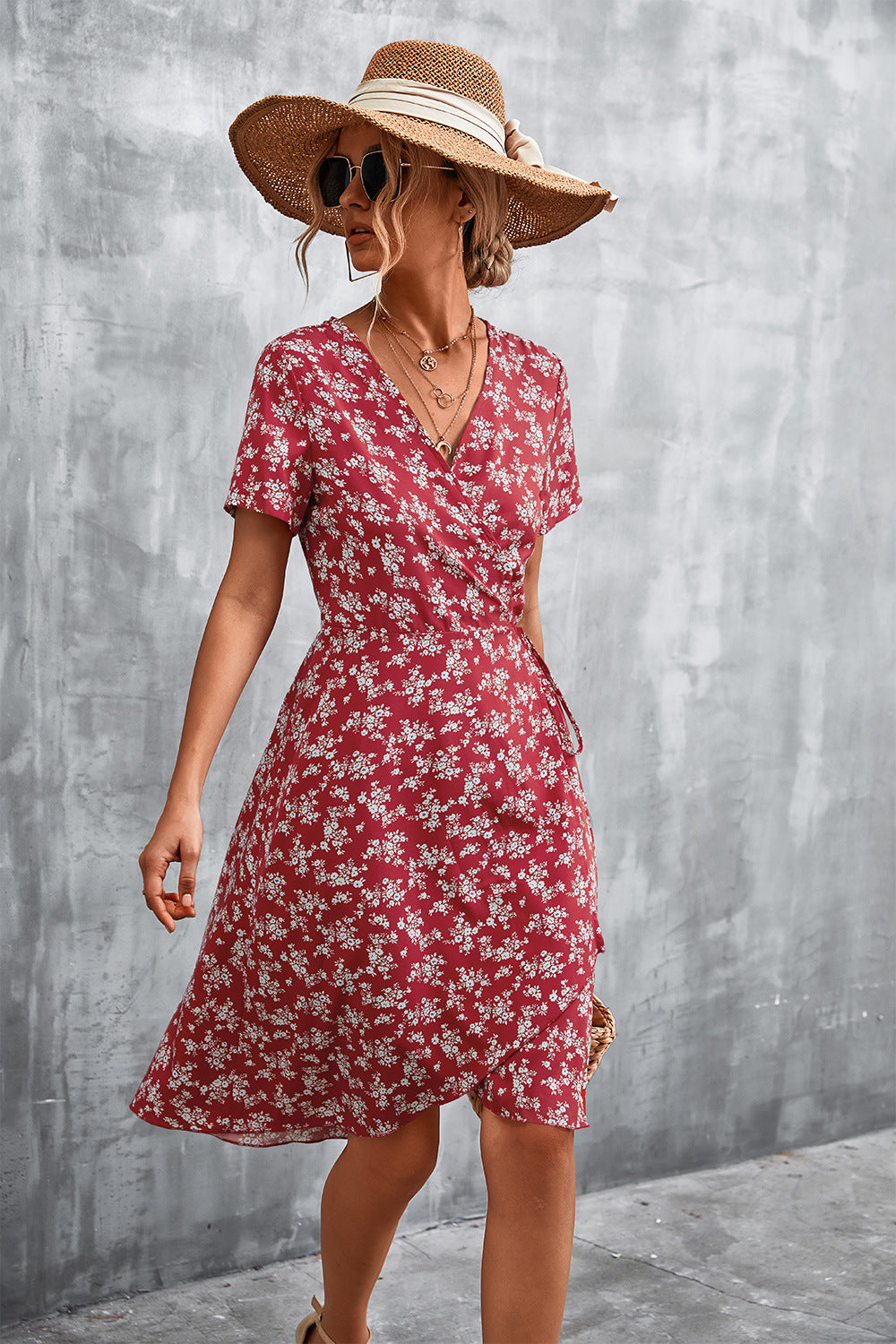 Honeybee Mumford's Floral Surplice Neck Flutter Sleeve Dress