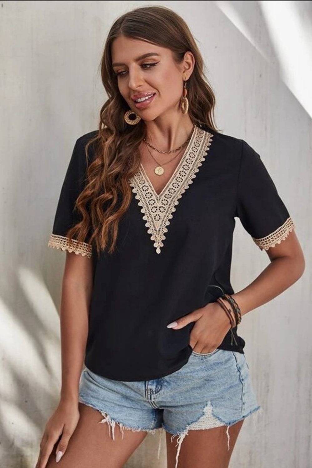 Honeybee Mumford's Lace Detail V-Neck Short Sleeve Blouse