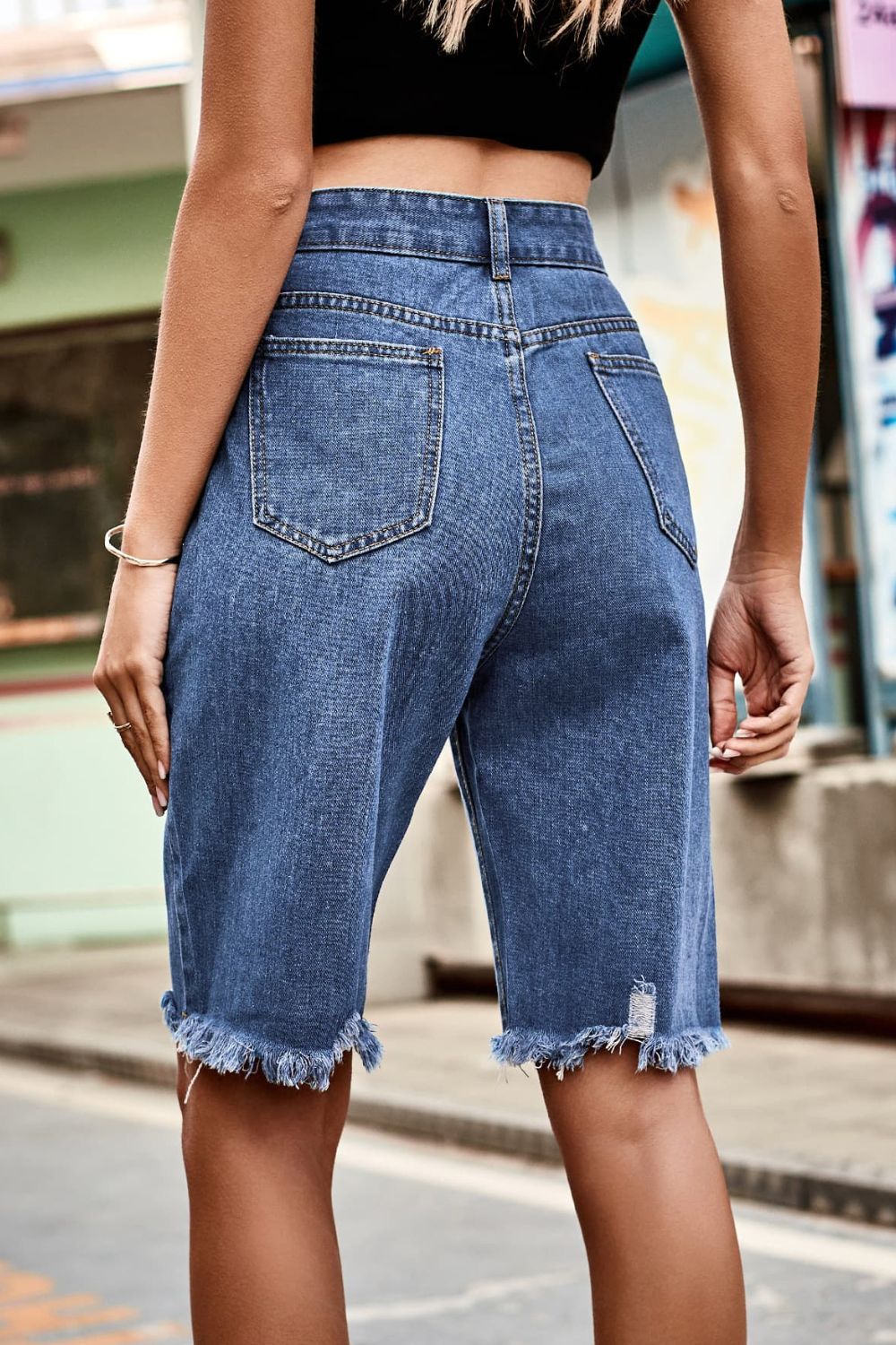 Honeybee Mumford's Raw Hem High Waist Denim Shorts with Pockets