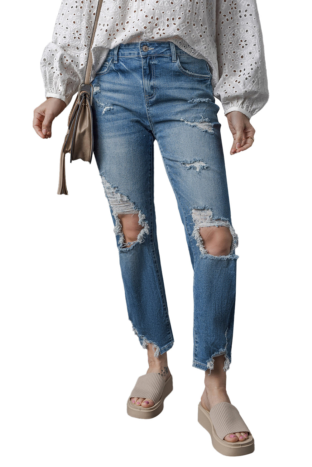 Honeybee Mumford's Sky Blue Ripped Knee Hole High Waist Jeans