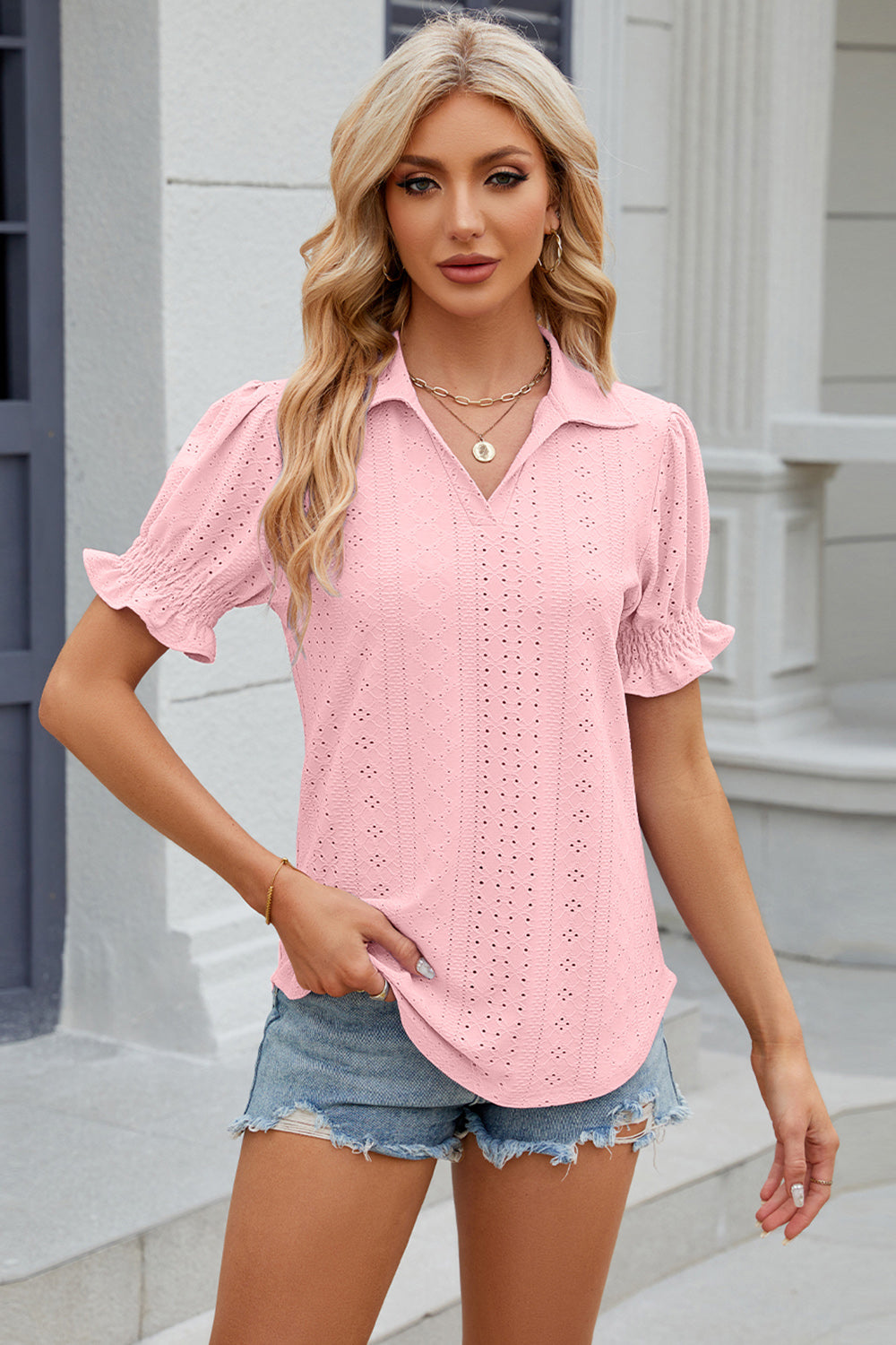 Honeybee Mumford's Eyelet Johnny Collar Short Sleeve Blouse