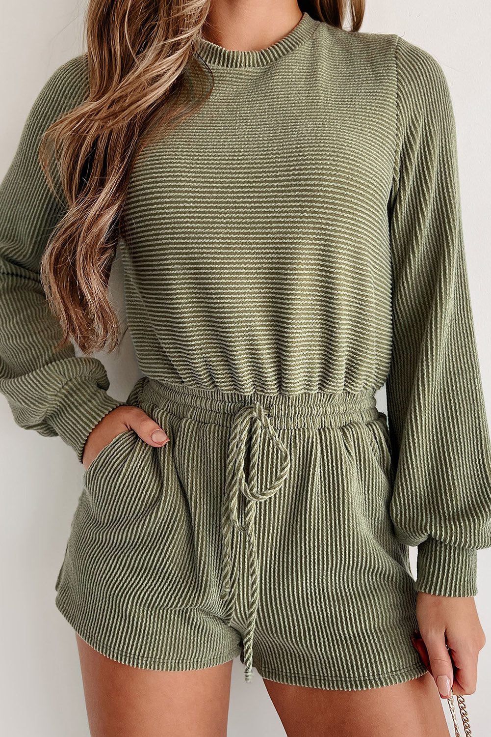 Honeybee Mumford's Jungle Green Corded Pullover Long Sleeve Drawstring Romper