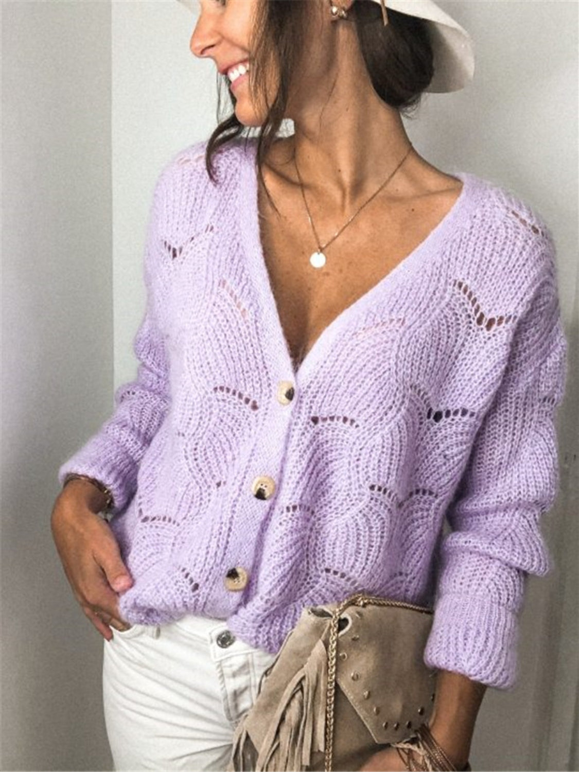 Honeybee Mumford's Openwork Button Up Long Sleeve Cardigan