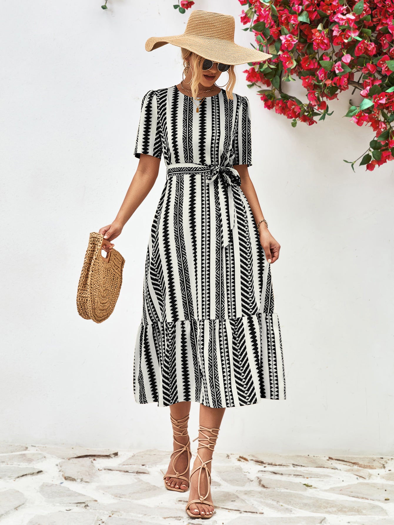 Honeybee Mumford's Striped Tie Belt Round Neck Puff Sleeve Dress