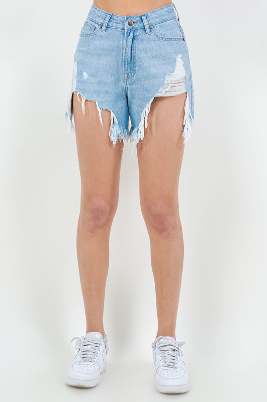 Honeybee Mumford's light blue High Waist Fringed Hem Denim Shorts