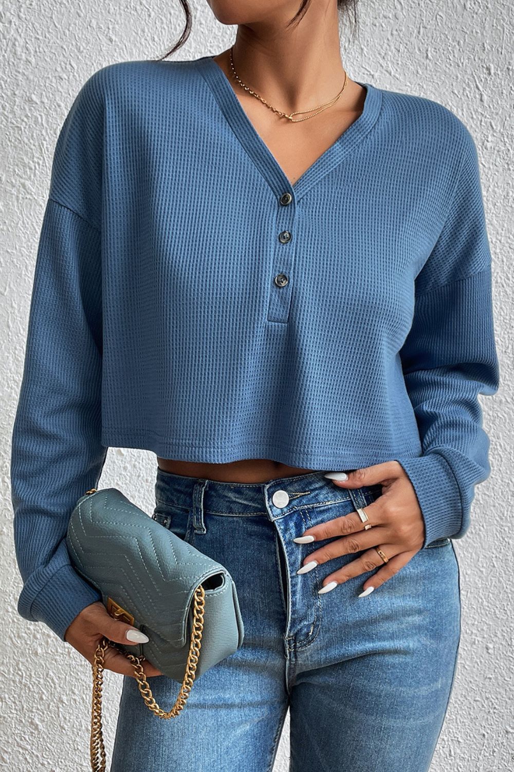 Honeybee Mumford's Cropped V-Neck Raglan Sleeve Buttoned Blouse