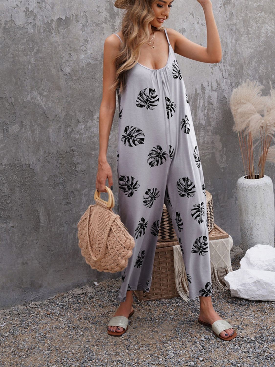 Honeybee Mumford's Printed Spaghetti Strap Jumpsuit with Pockets