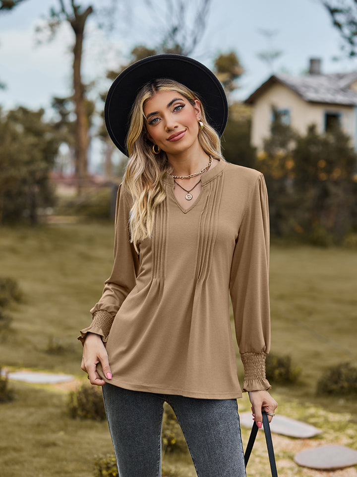 Honeybee Mumford's Notched Neck Flounce Sleeve Blouse