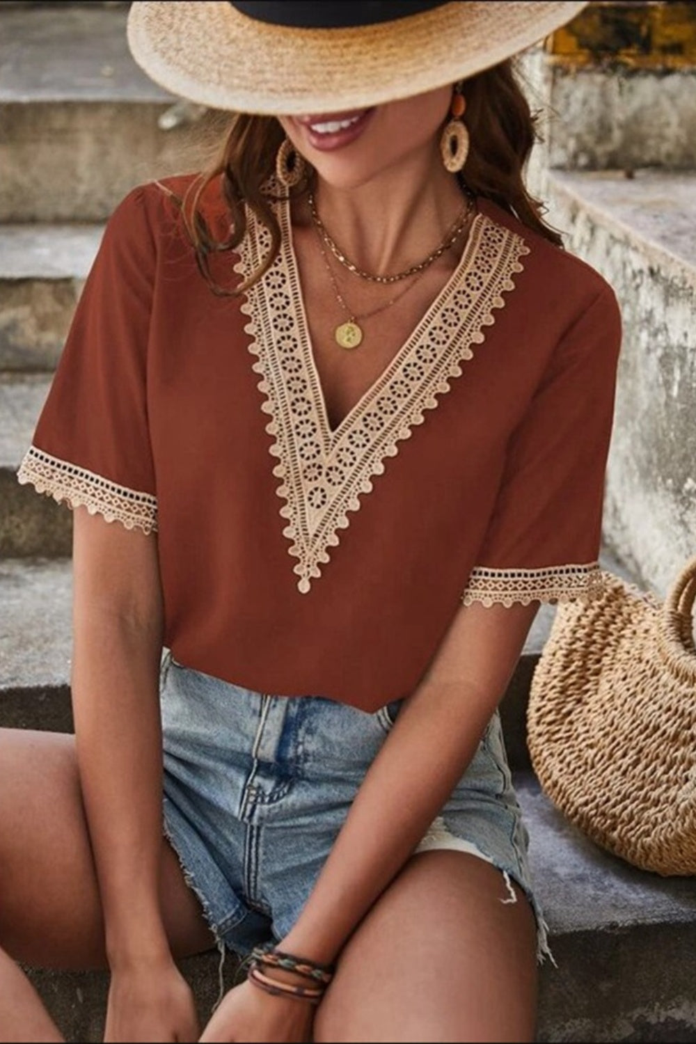 Honeybee Mumford's Lace Detail V-Neck Short Sleeve Blouse