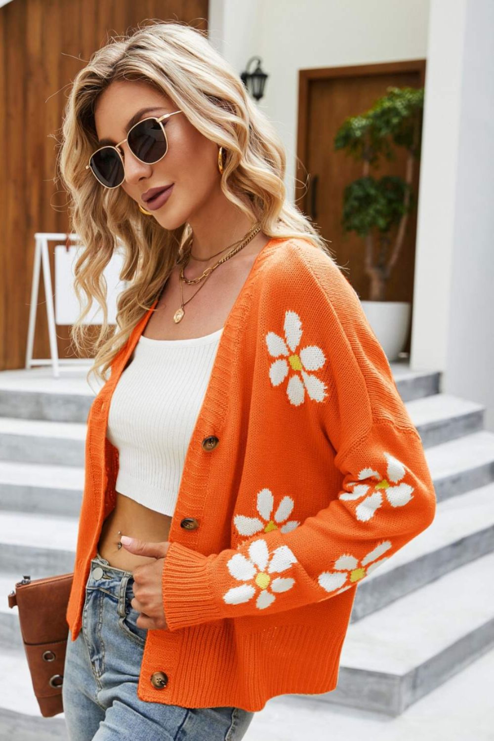 Honeybee Mumford's Floral Ribbed Trim Drop Shoulder Cardigan