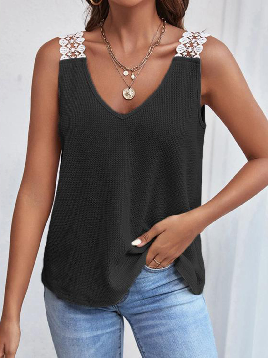 Honeybee Mumford's Full Size Lace Detail V-Neck Tank