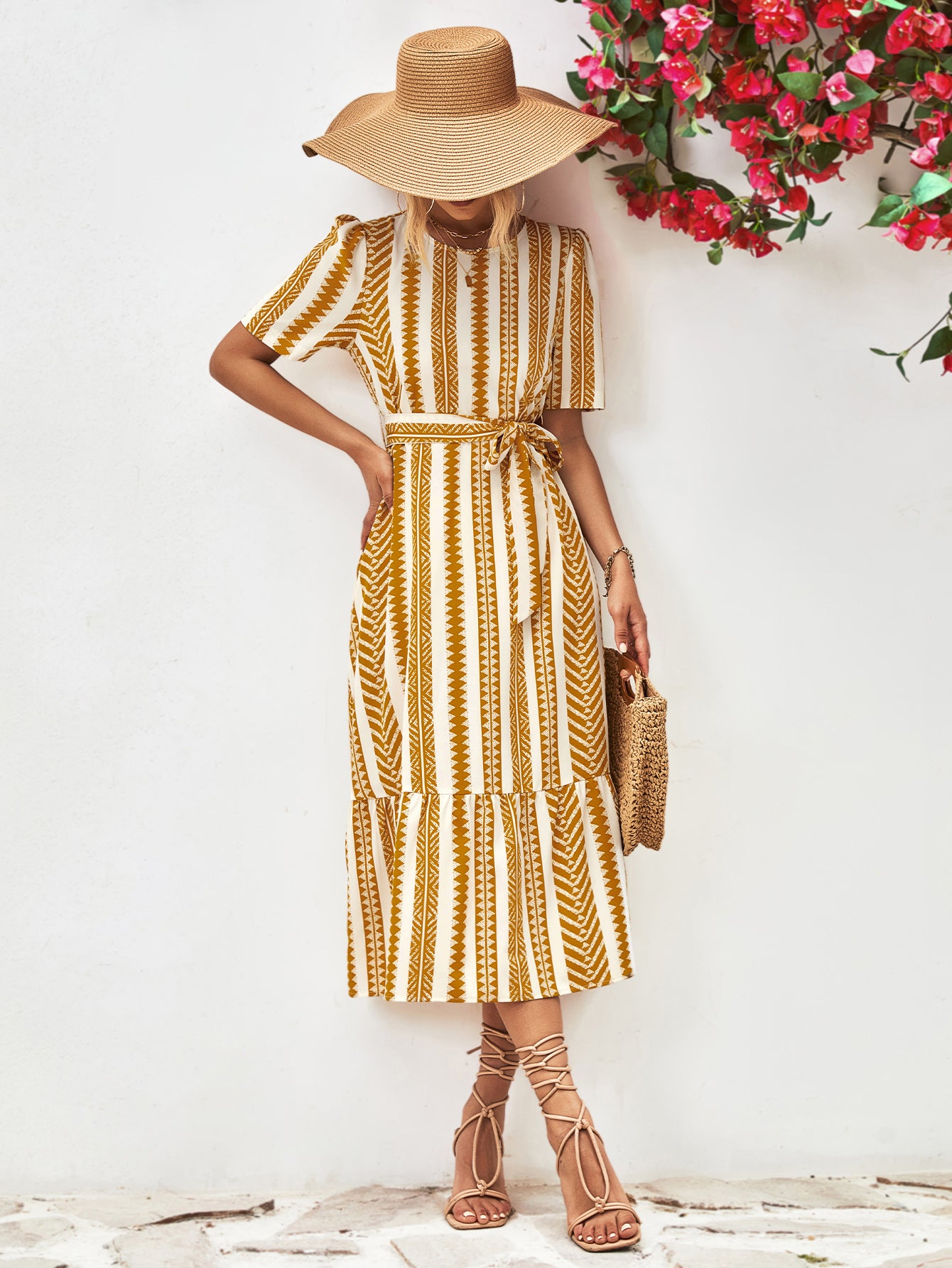 Honeybee Mumford's Striped Tie Belt Round Neck Puff Sleeve Dress