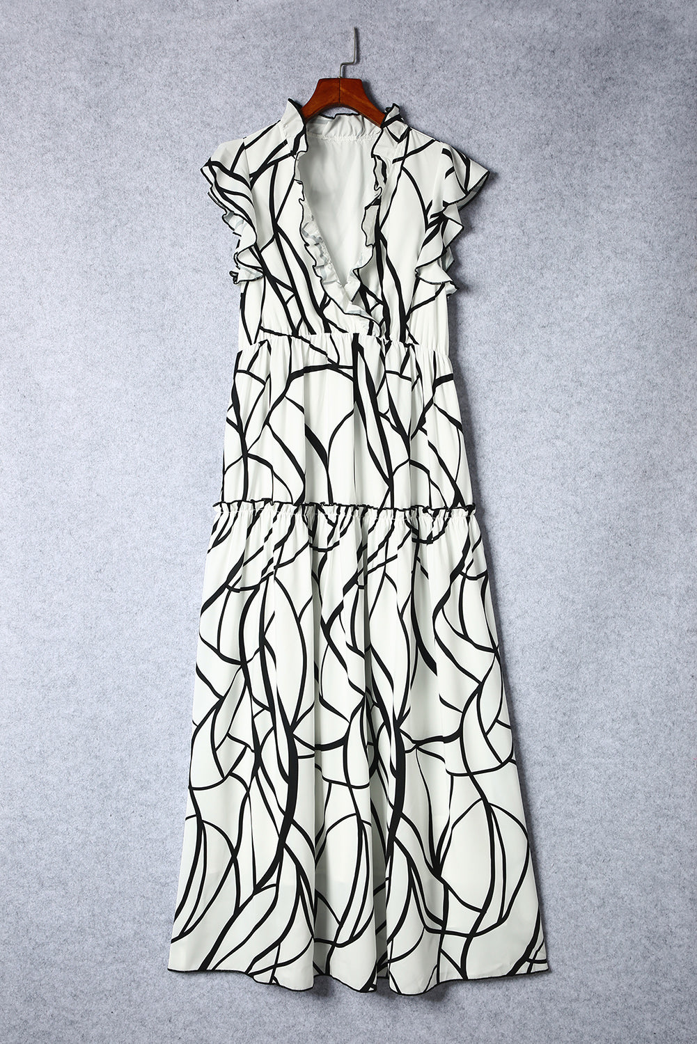 Honeybee Mumford's White Abstract Vein Print V Neck Ruffle Maxi Dress