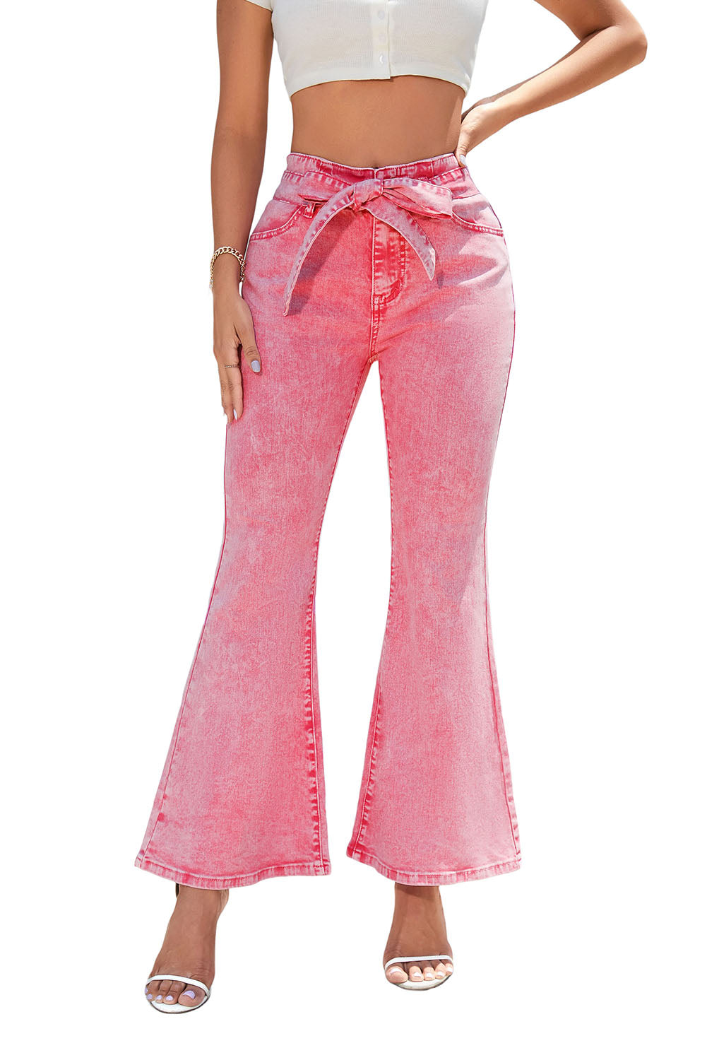 Honeybee Mumford's Pink Flare Leg High Waist Front Knot Casual Jeans