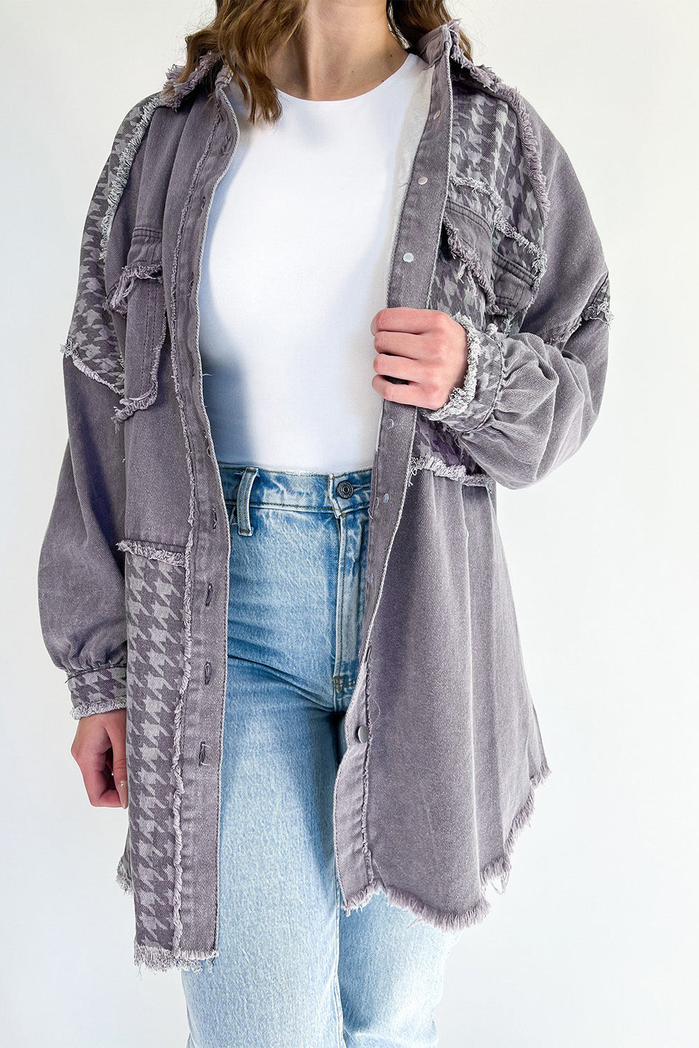 Honeybee Mumford's Medium Grey Retro Distressed Houndstooth Patchwork Denim Jacket