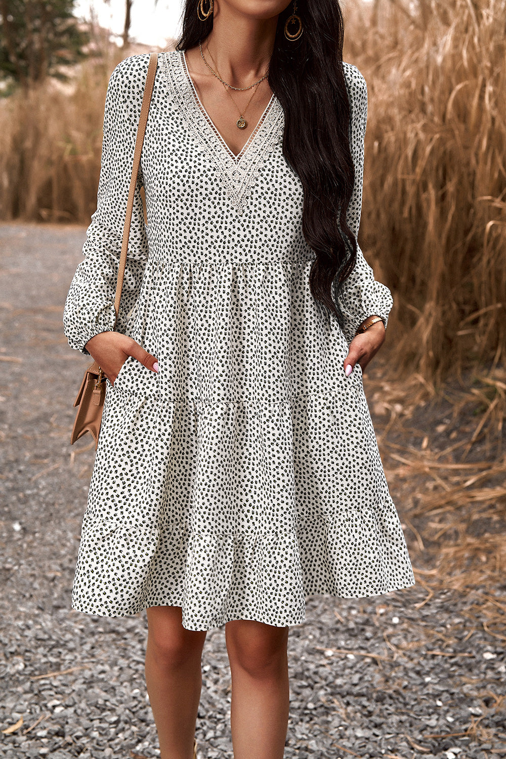 Honeybee Mumford's Lace Trim V-Neck Long Sleeve Dress