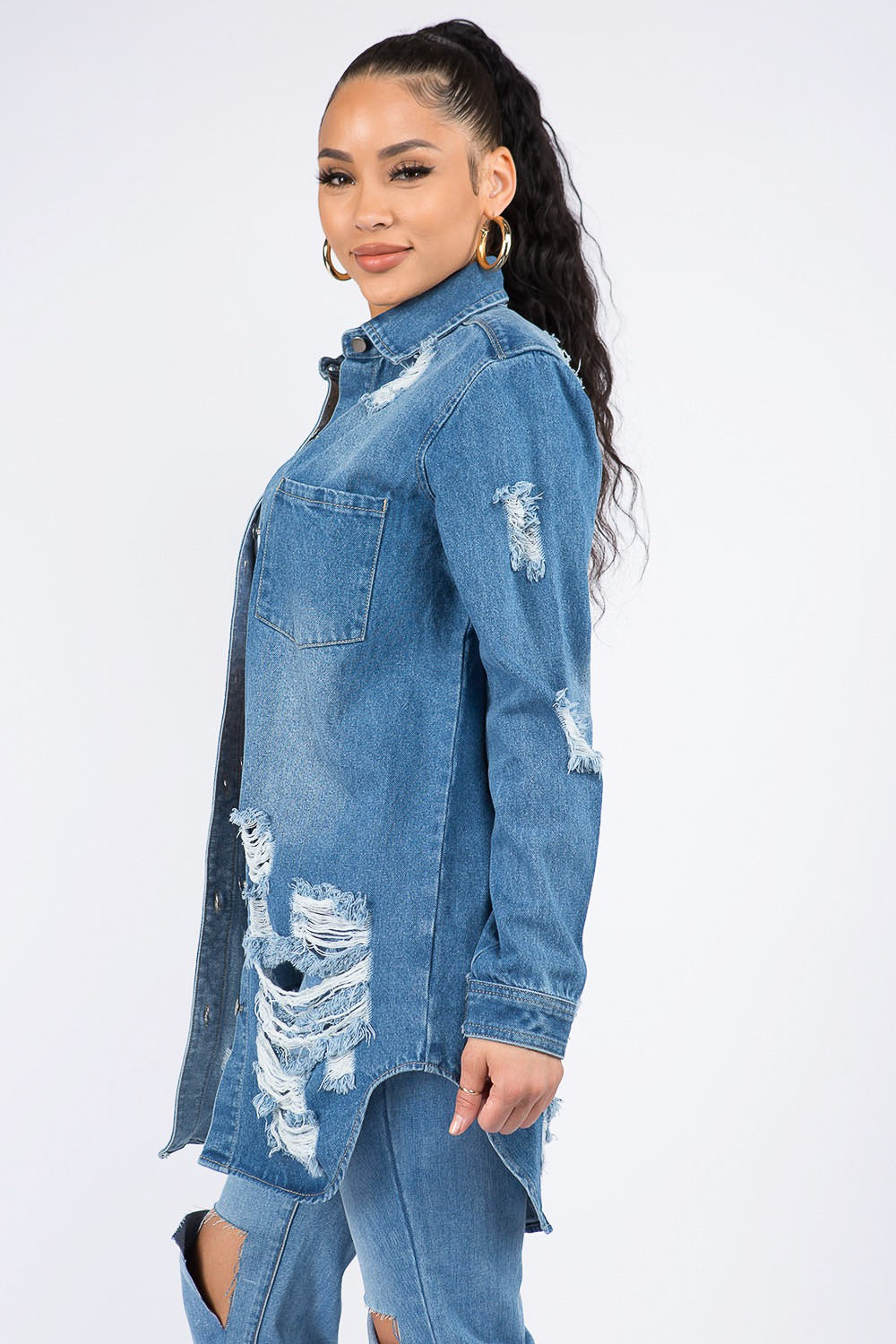 Honeybee Mumford's Distressed Button-Down Denim Shirt Jacket