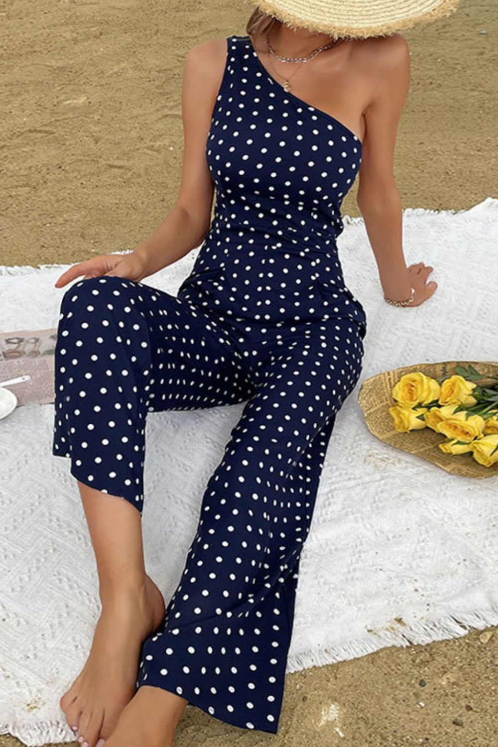 Honeybee Mumford's Polka Dot One-Shoulder Jumpsuit