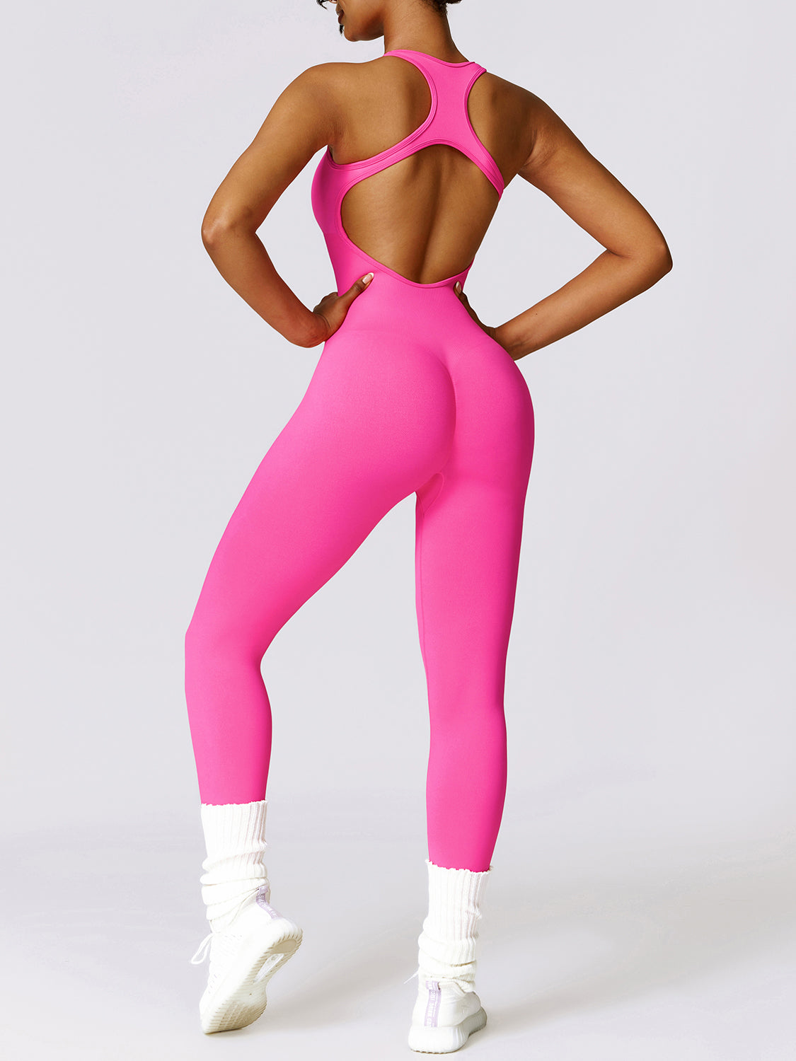 honeybee Mumford's Sleeveless Cutout Racerback Active Jumpsuit (Hot Pink , Black, Brown and more)