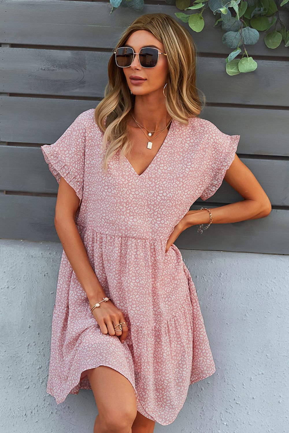 Honeybee Mumford's Printed V-Neck Short Sleeve Tiered Dress