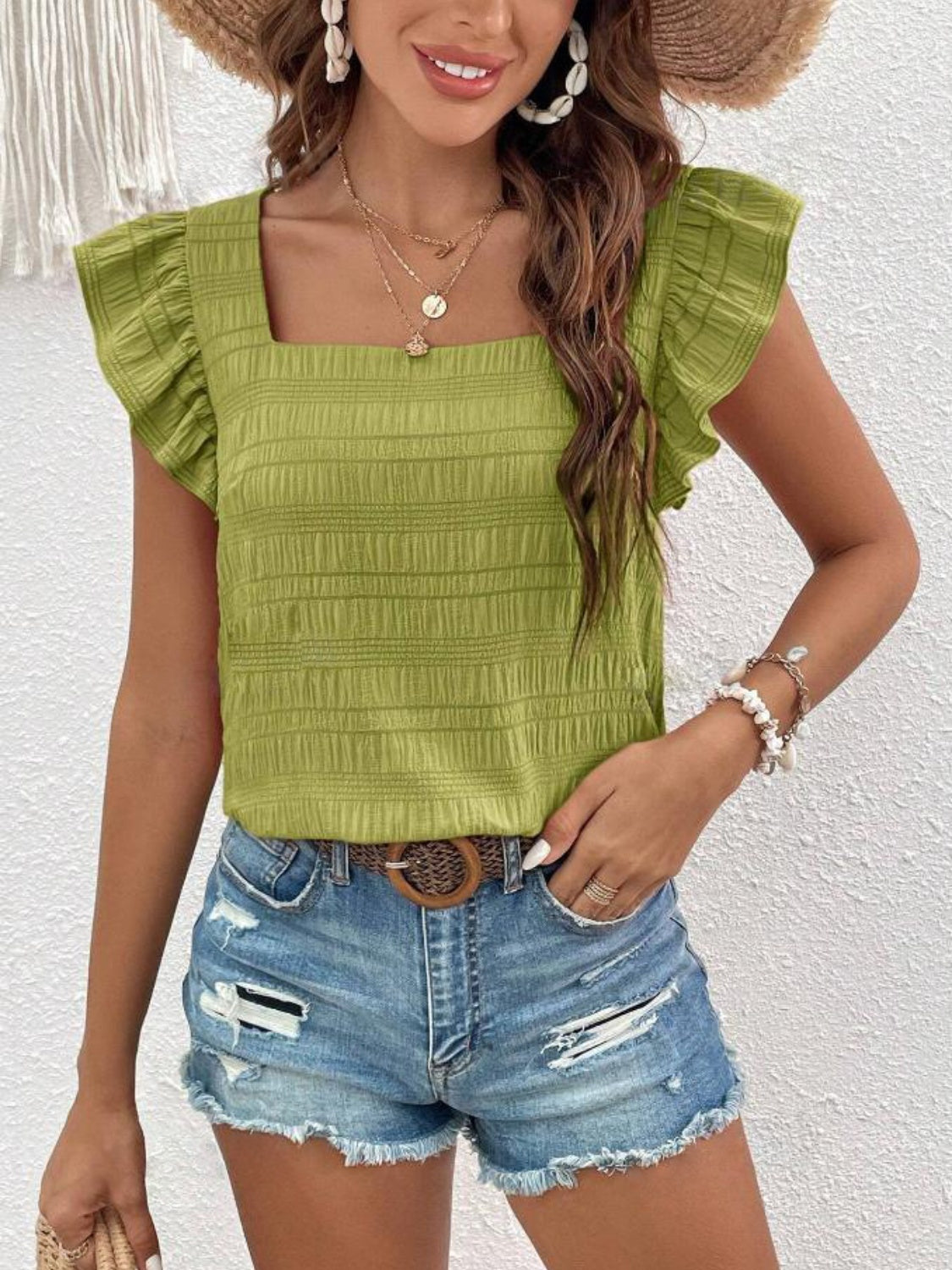 Honeybee Mumford's Ruffled Square Neck Cap Sleeve Blouse