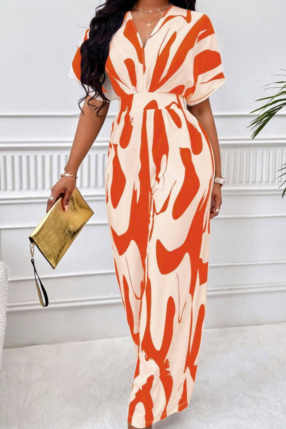 Honeybee Mumford's Printed V-Neck Short Sleeve Wide Leg Jumpsuit