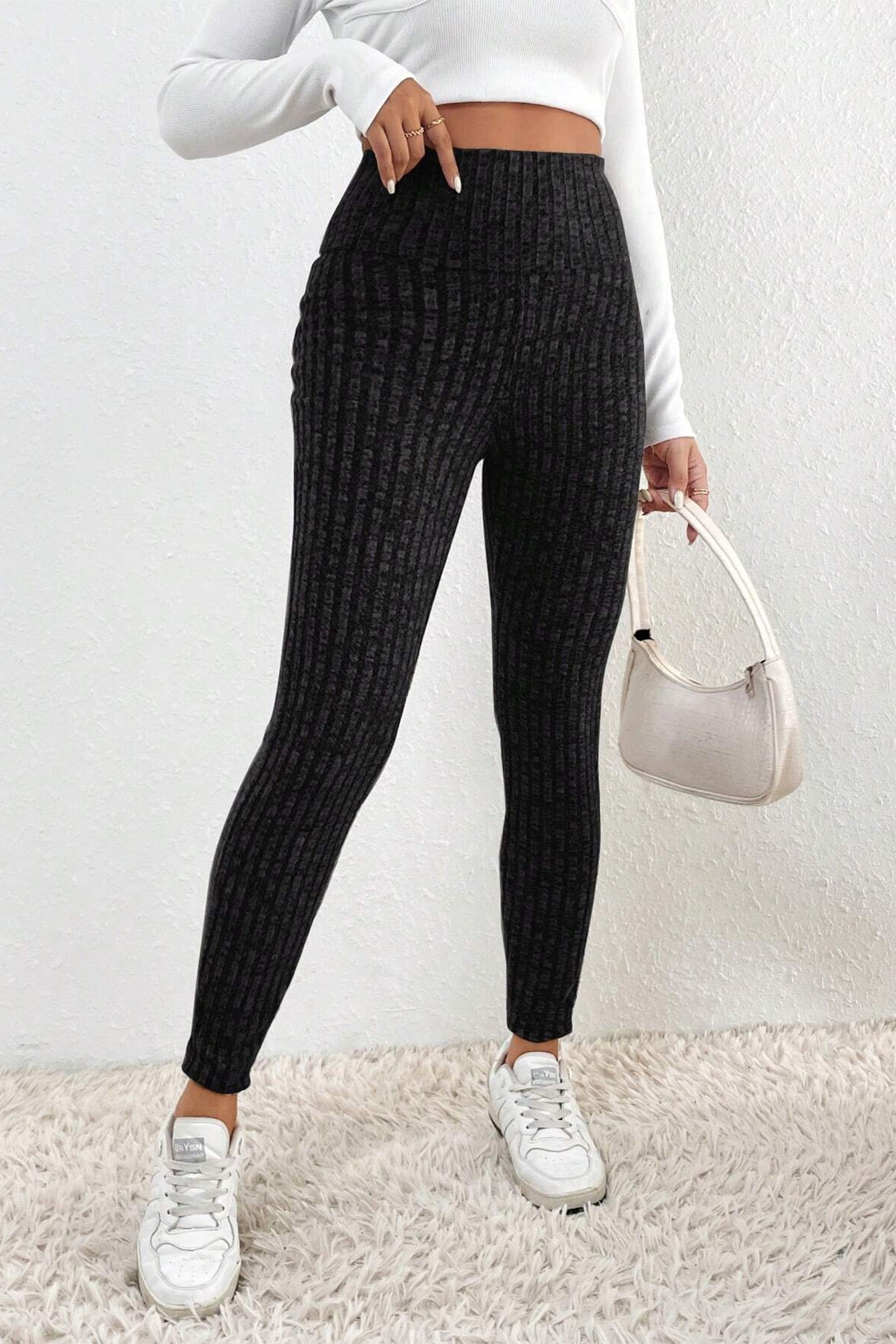 honeybee Mumford's Black Wide Waistband Ribbed Textured Knit Leggings