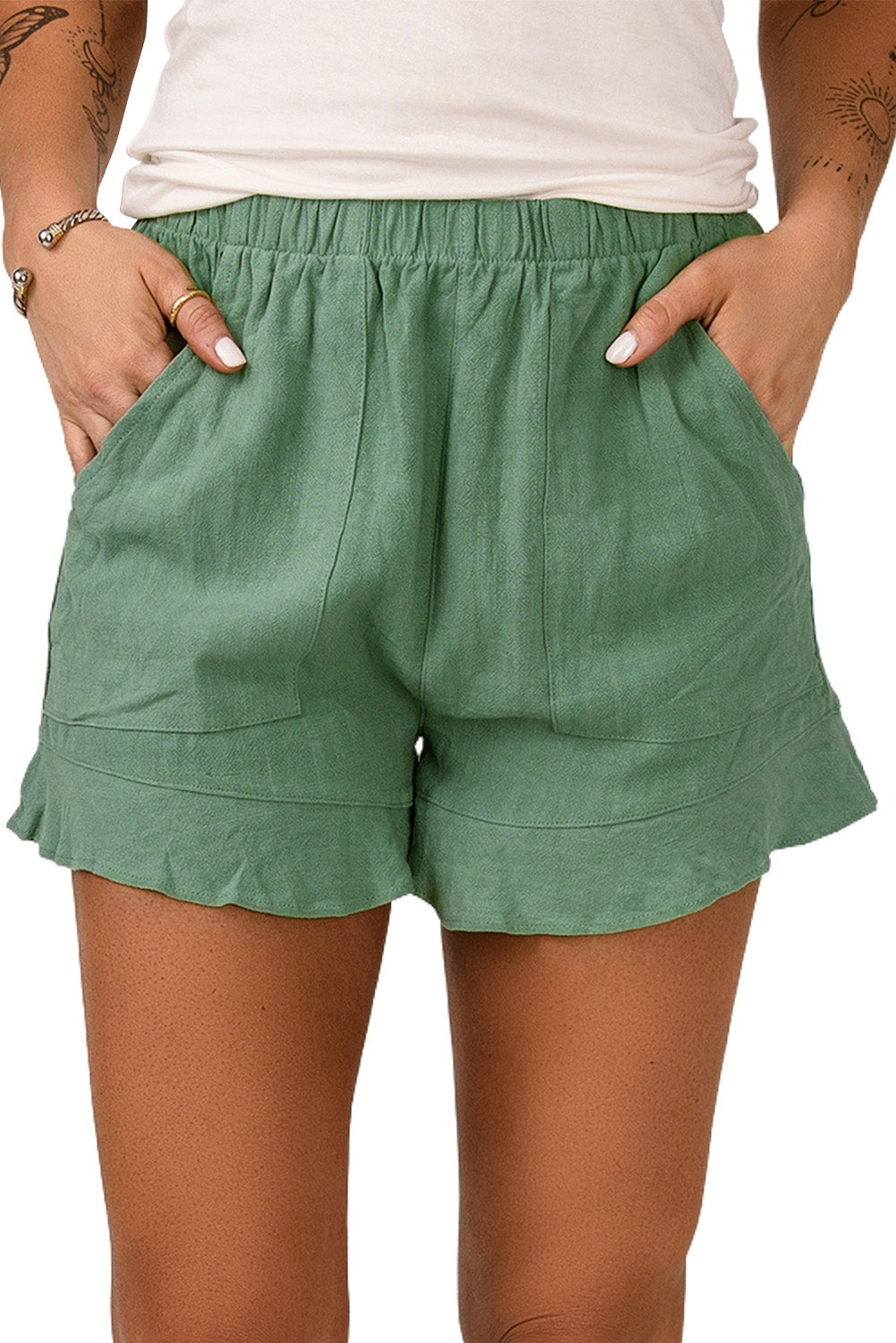 Honeybee Mumford's Green High Waist Pocketed Ruffle Shorts