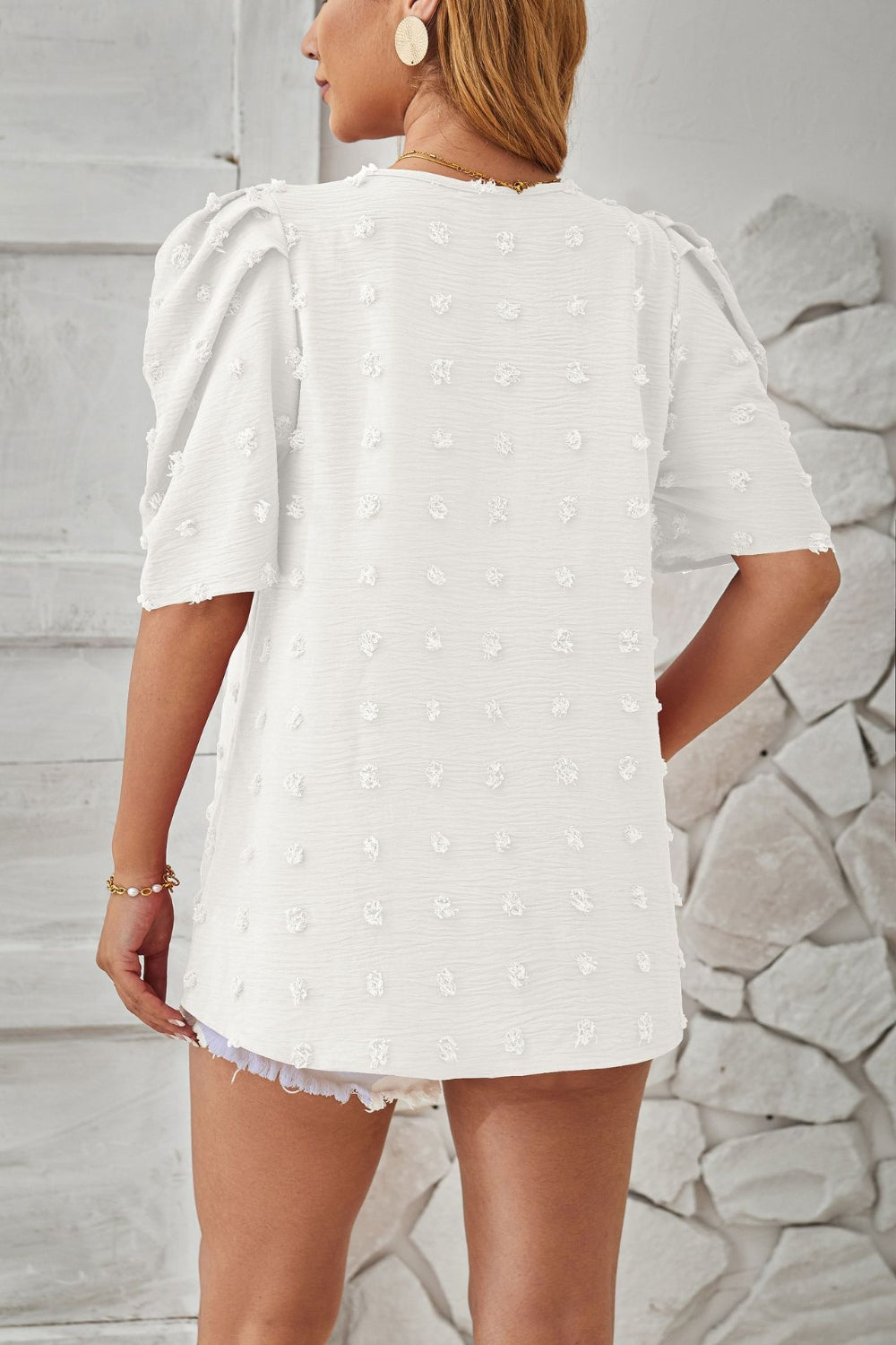 Honeybee Mumford's Swiss Dot Round Neck Short Sleeve Blouse