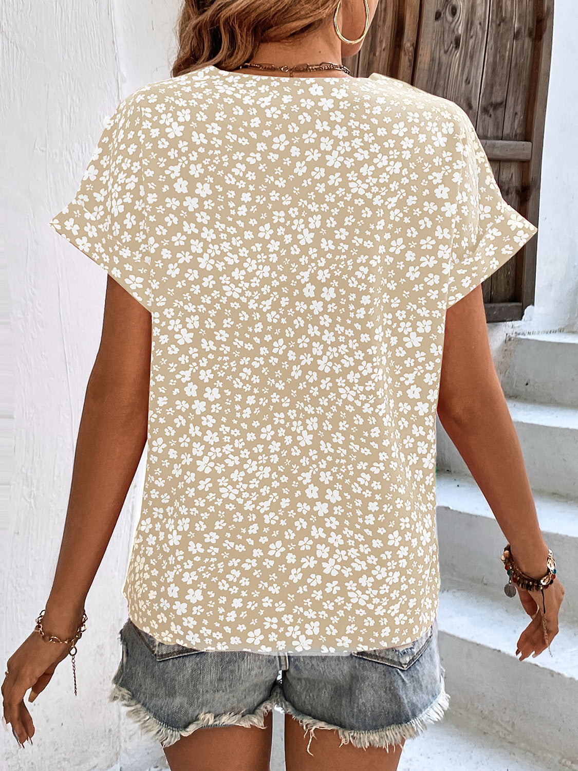 Honeybee Mumford's Printed V-Neck Short Sleeve Blouse