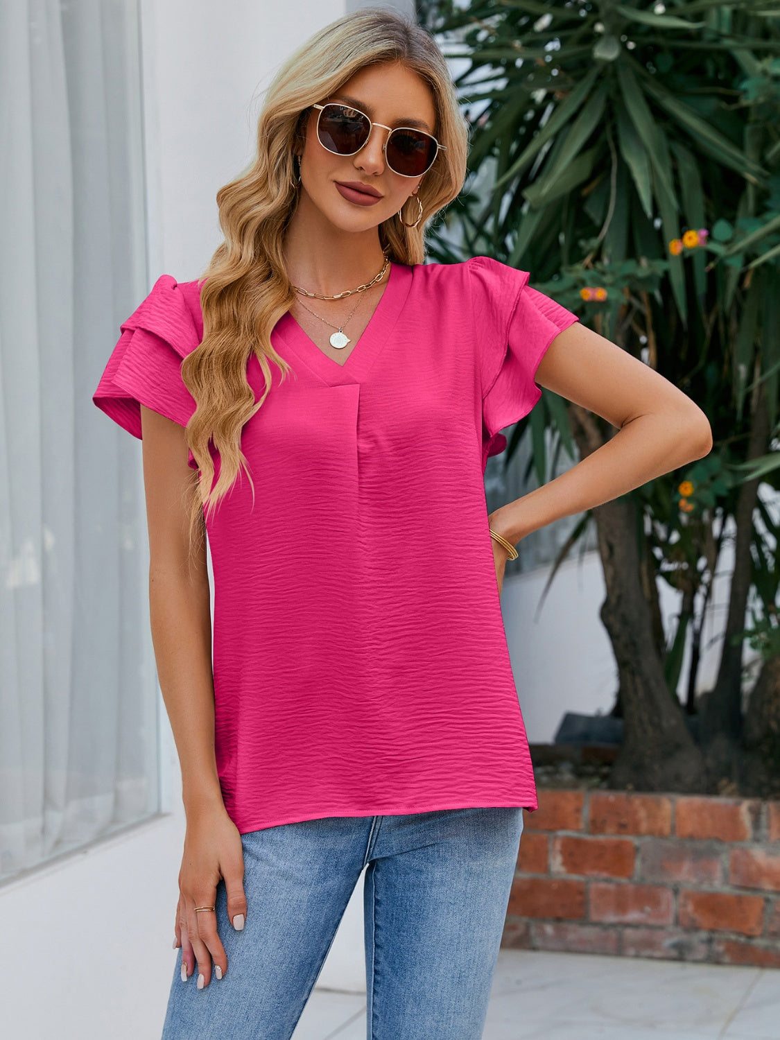 Honeybee Mumford's V-Neck Flounce Sleeve Blouse