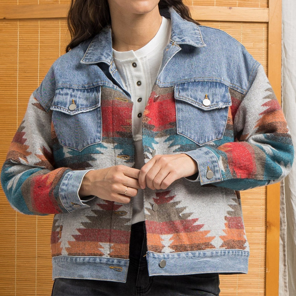 Honeybee Mumford's Printed Button Down Denim Shacket