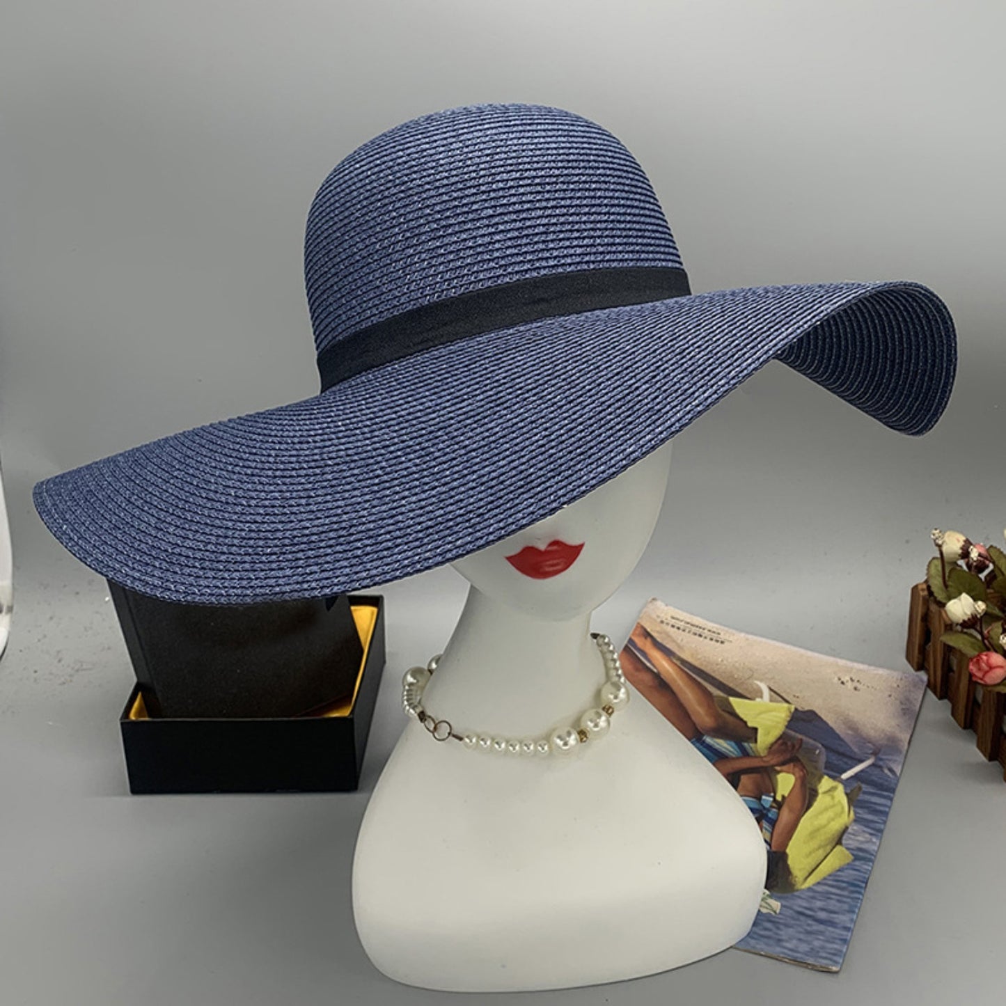 Honeybee Mumford's Paper Braided Wide Brim Hat w/ black Bow in Ivory, Navy, Black, Tan