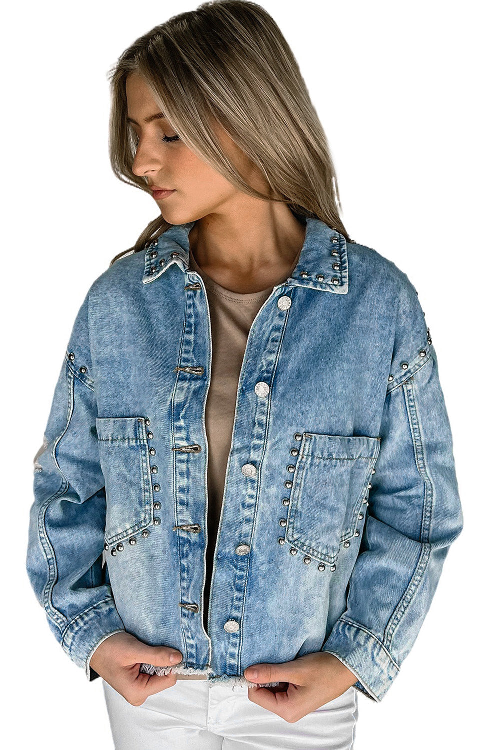 Honeybee Mumford's Sky Blue Studded Acid Wash Denim Jacket