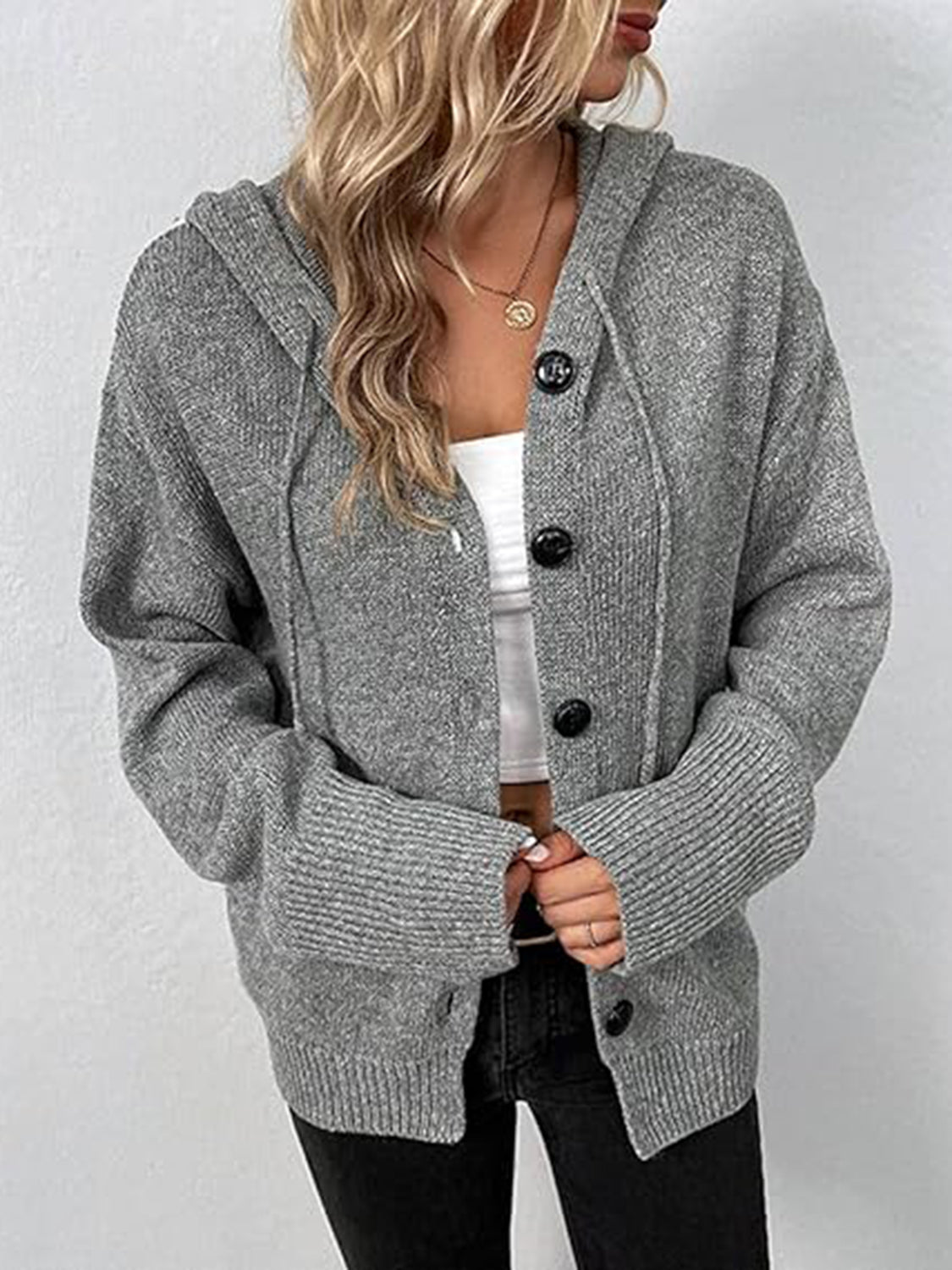 Honeybee Mumford's Button Up Drawstring Long Sleeve Hooded Cardigan