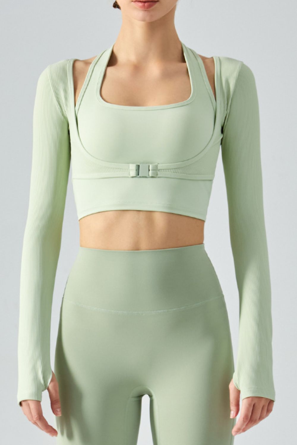 Honeybee Mumford's Ribbed Faux Layered Halter Neck Cropped Sports Top