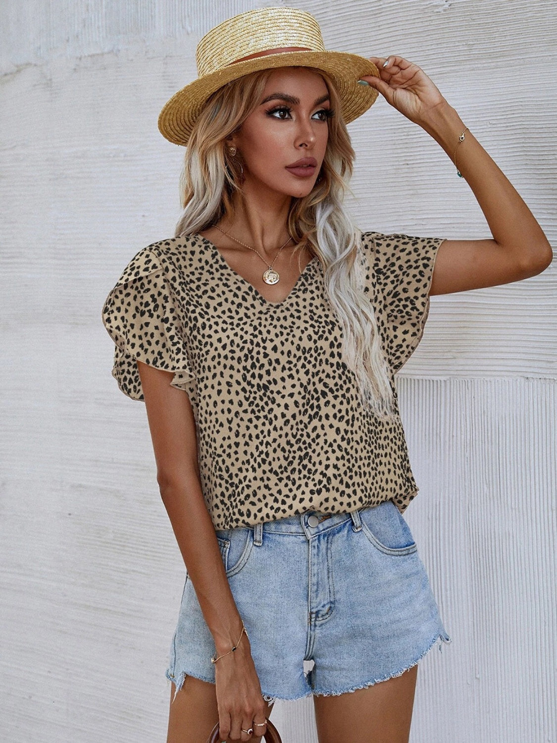 Honeybee Mumford's Printed V-Neck Petal Sleeve Blouse