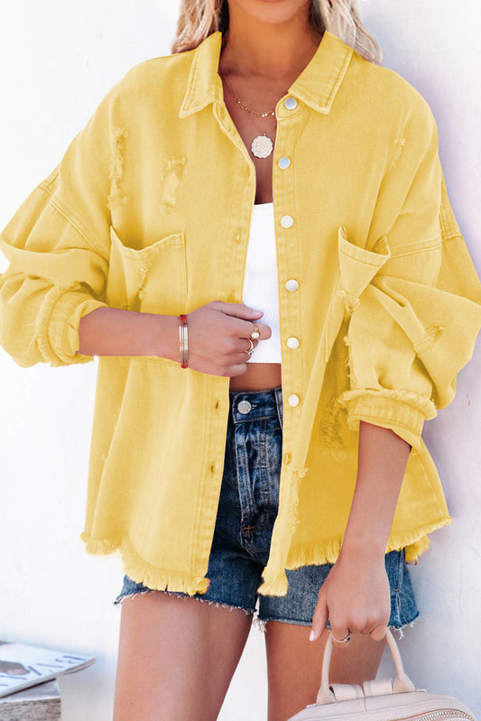 Honeybee Mumford's Yellow Distressed Fringe Trim Denim Jacket