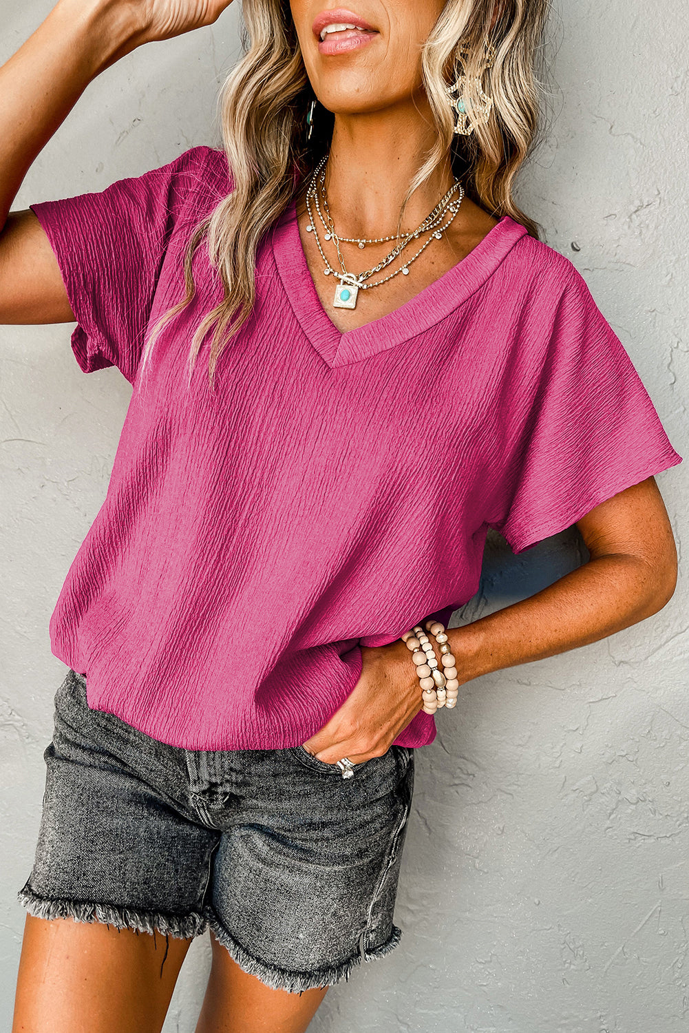 Honeybee Mumford's Bright Pink Crinkled V Neck Wide Sleeve T-shirt