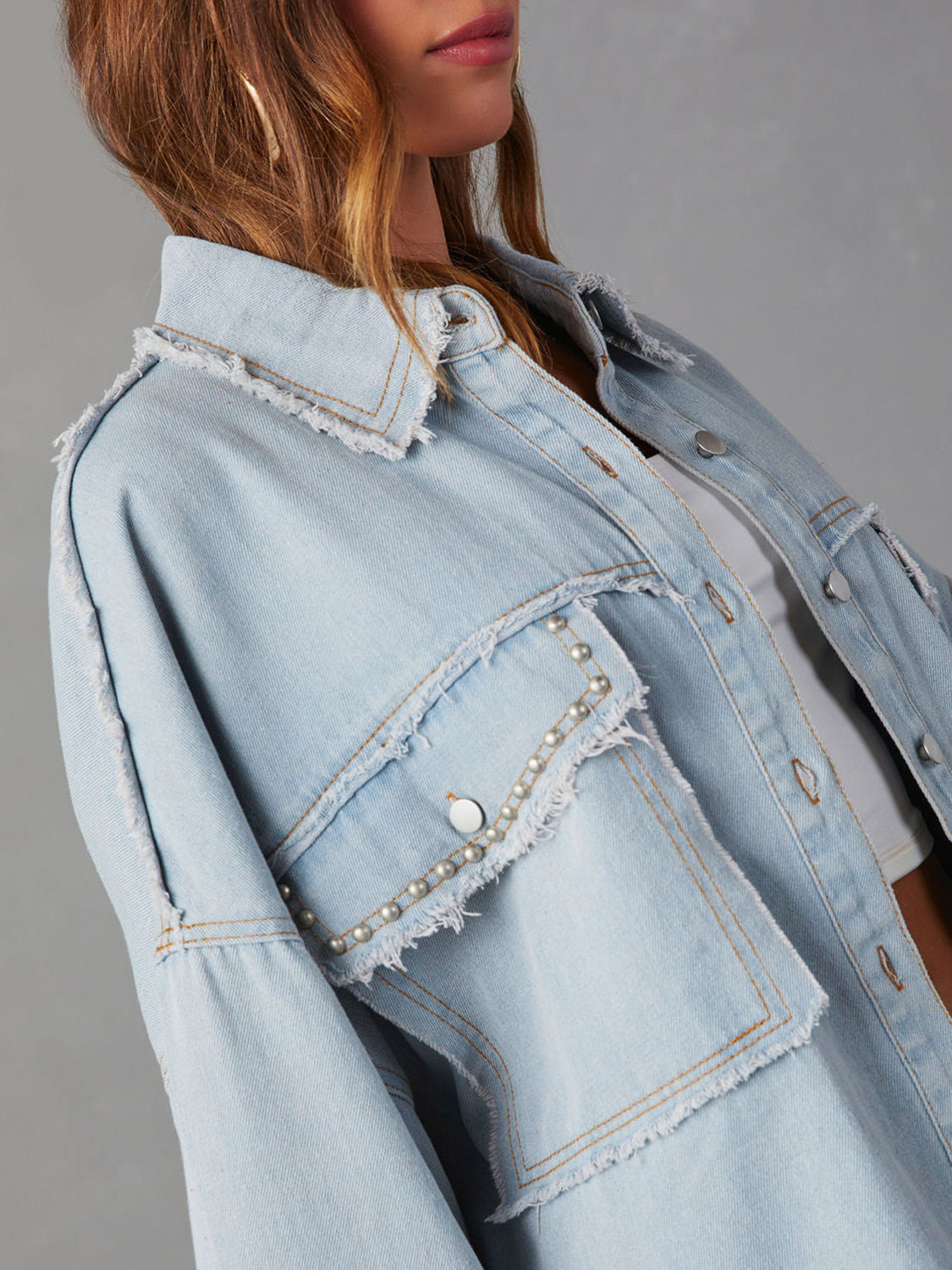 Honeybee Mumford's Button Down Denim Jacket w/Raw Hem in Ivory & Light Blue