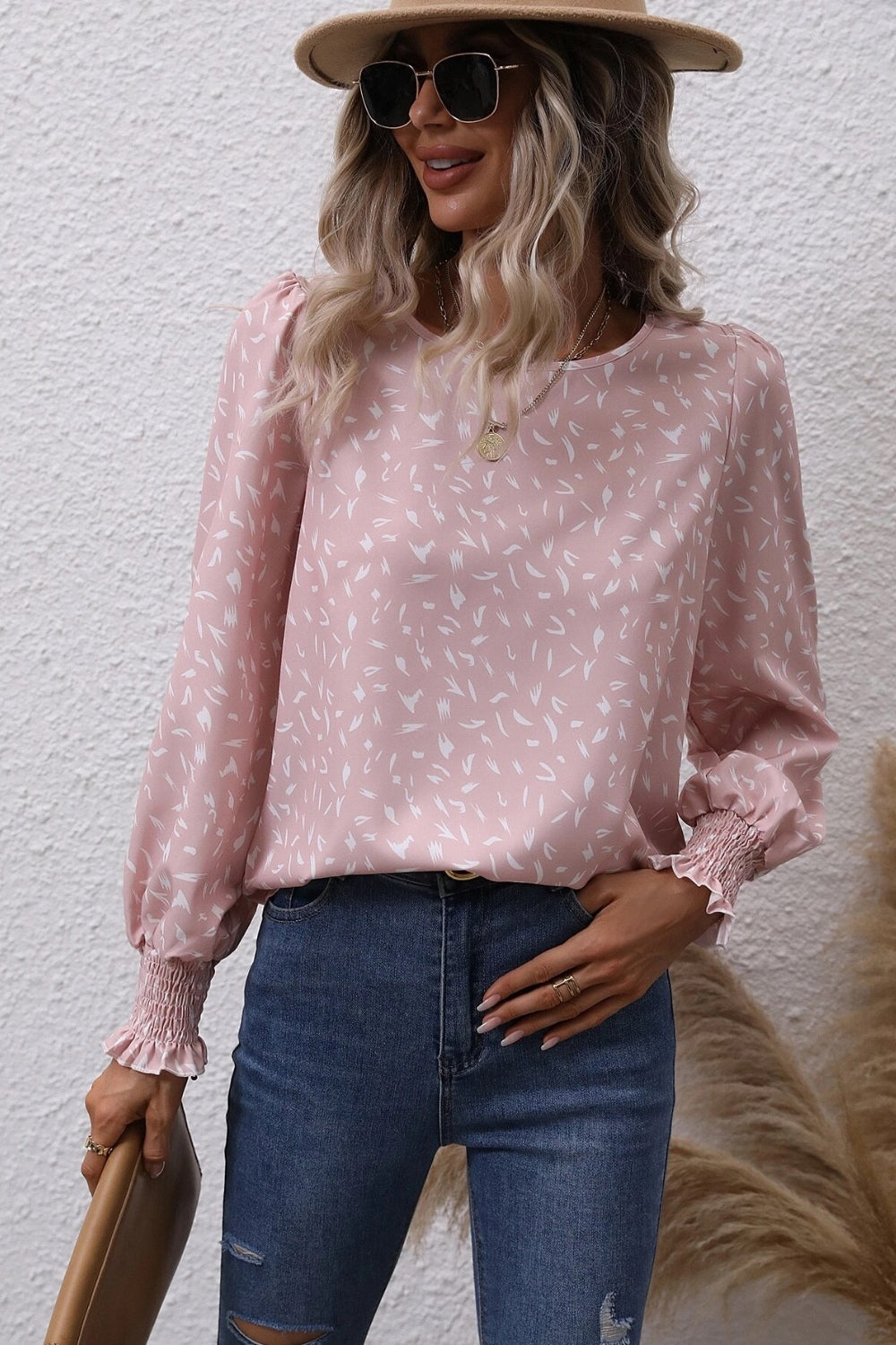 Honeybee Mumford's Printed Round Neck Lantern Sleeve Blouse